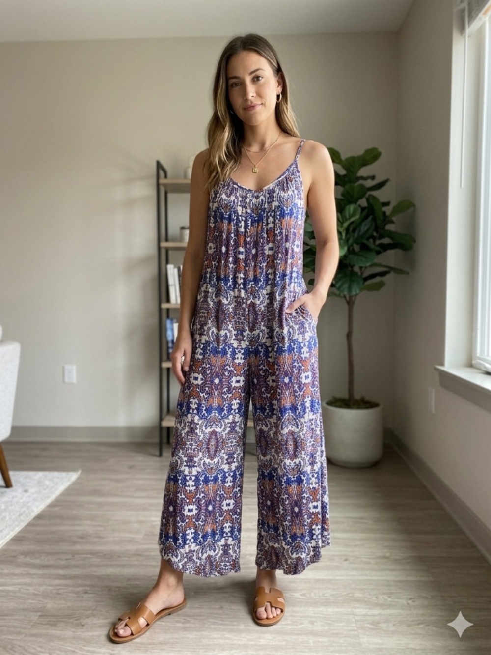 Socialite Paisley Wide Leg Jumpsuit Size Large Pockets Boho Vacation